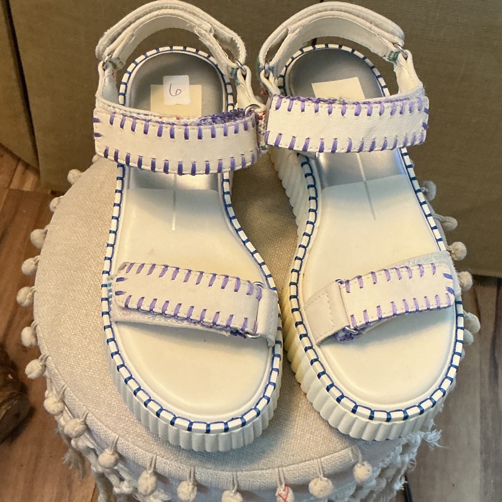 Dolce Vita White Sandals with Purple Stitching